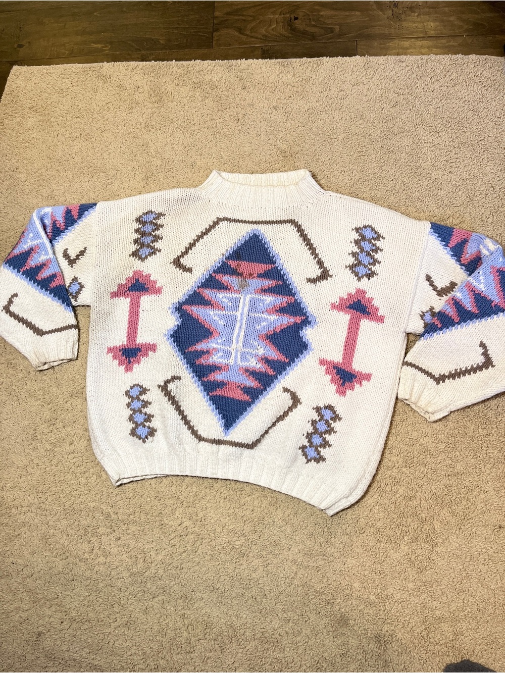 Vtg 90s Chunky Knit Aztec Cottagecore Grandma Sweater Karuba Handmade Women's L